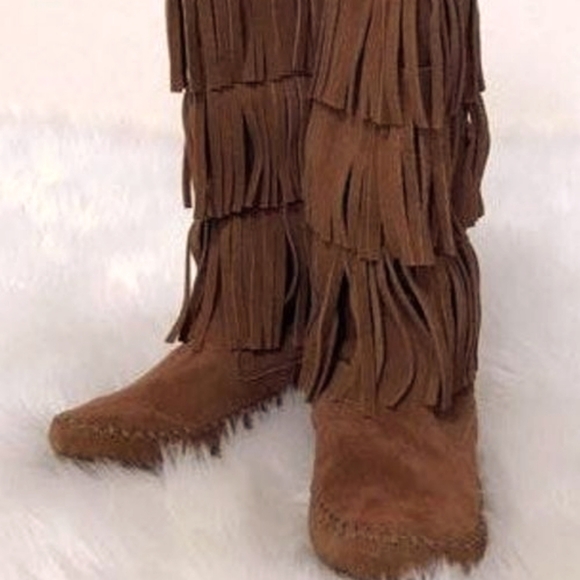 LC Lauren Conrad 3 Tier Fringe Suede Boots Chestnut Boho THIA Size 9 Mid Calf - Picture 7 of 7